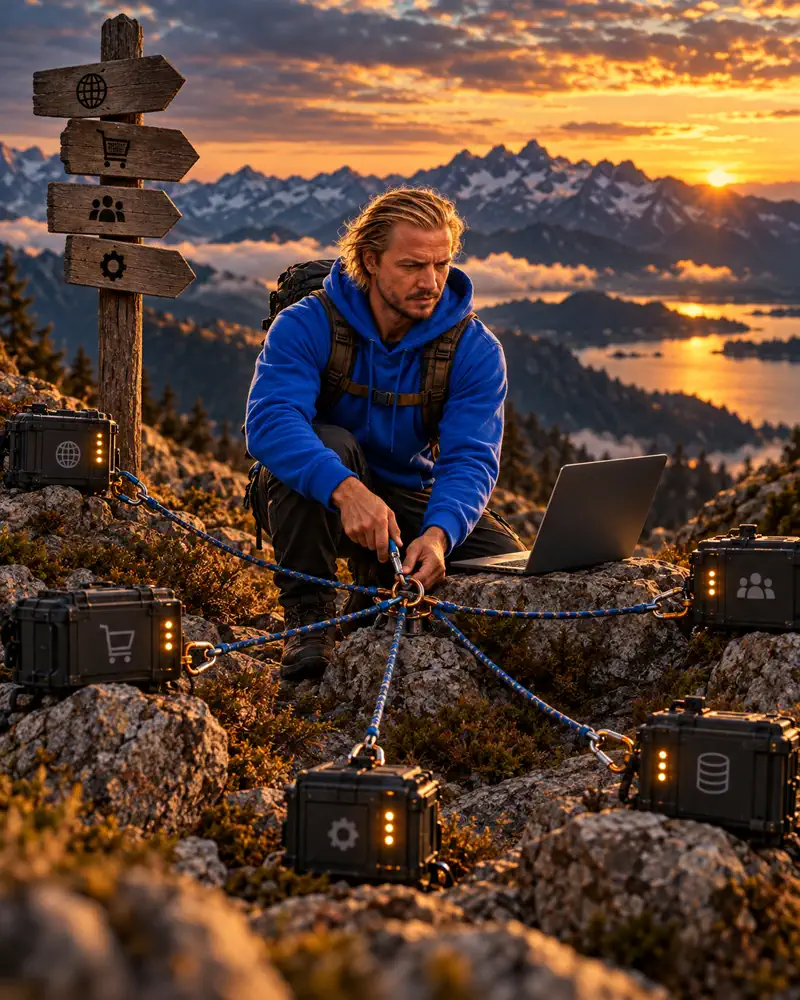Dizajner povezuje digitalne sustave kabelima i laptopom na planinskoj stazi