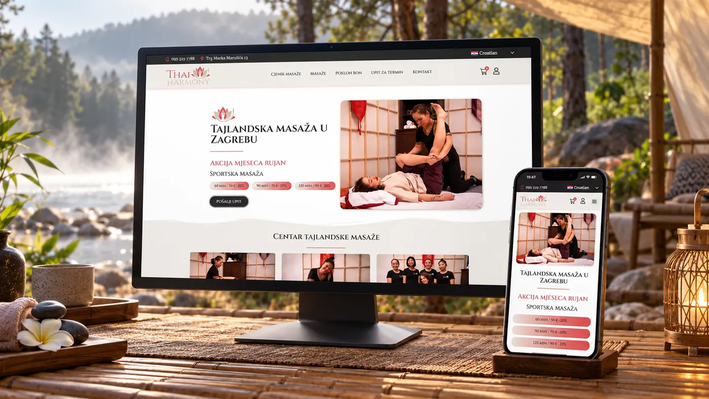 Web stranica wellness centra Thai Harmony na računalu i mobitelu