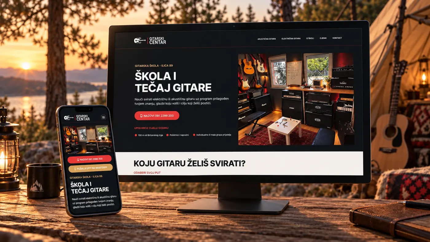 Web stranica &scaron;kole Gitarski Centar na računalu i mobitelu